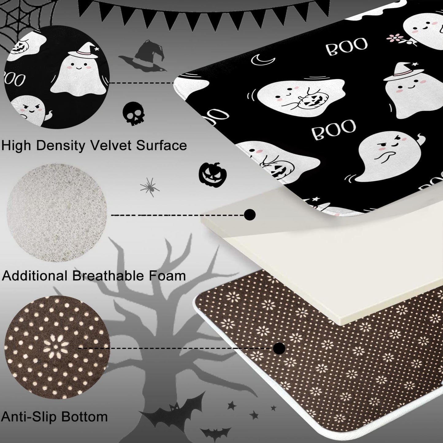 Britimes Halloween Cute Ghost Bathroom Rug Set of 3, 3 Pieces Bath Mats Set, Black Funny Horror No Silp Washable Cover Floor Rug Decorations for Kitchen Bathroom Bedroom