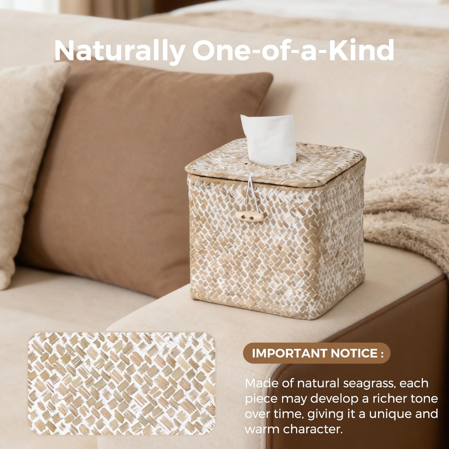 S310 Tissue Box Cover Square, Woven Seagrass Tissue Box Holder with Lid, Wicker Tissue Box Decorative Facial Cube Tissue Cover for Bathroom Office Table, Whitewash