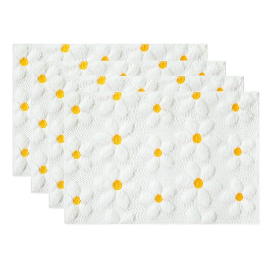 Artoid Mode White Daisy Embroidery Spring Placemats Set of 4, 12x18 Inch Soft Plush Faux Fur Wool Holiday Table Mats for Party Kitchen Dining Decoration