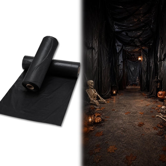 MotiMind 2 Rolls Halloween Black Plastic Sheeting for Haunted House, 4.5ft x 100ft Each, Black Tarp Spooky Wall & Party Decorations for Halloween Backgrounds and Haunted House Setup