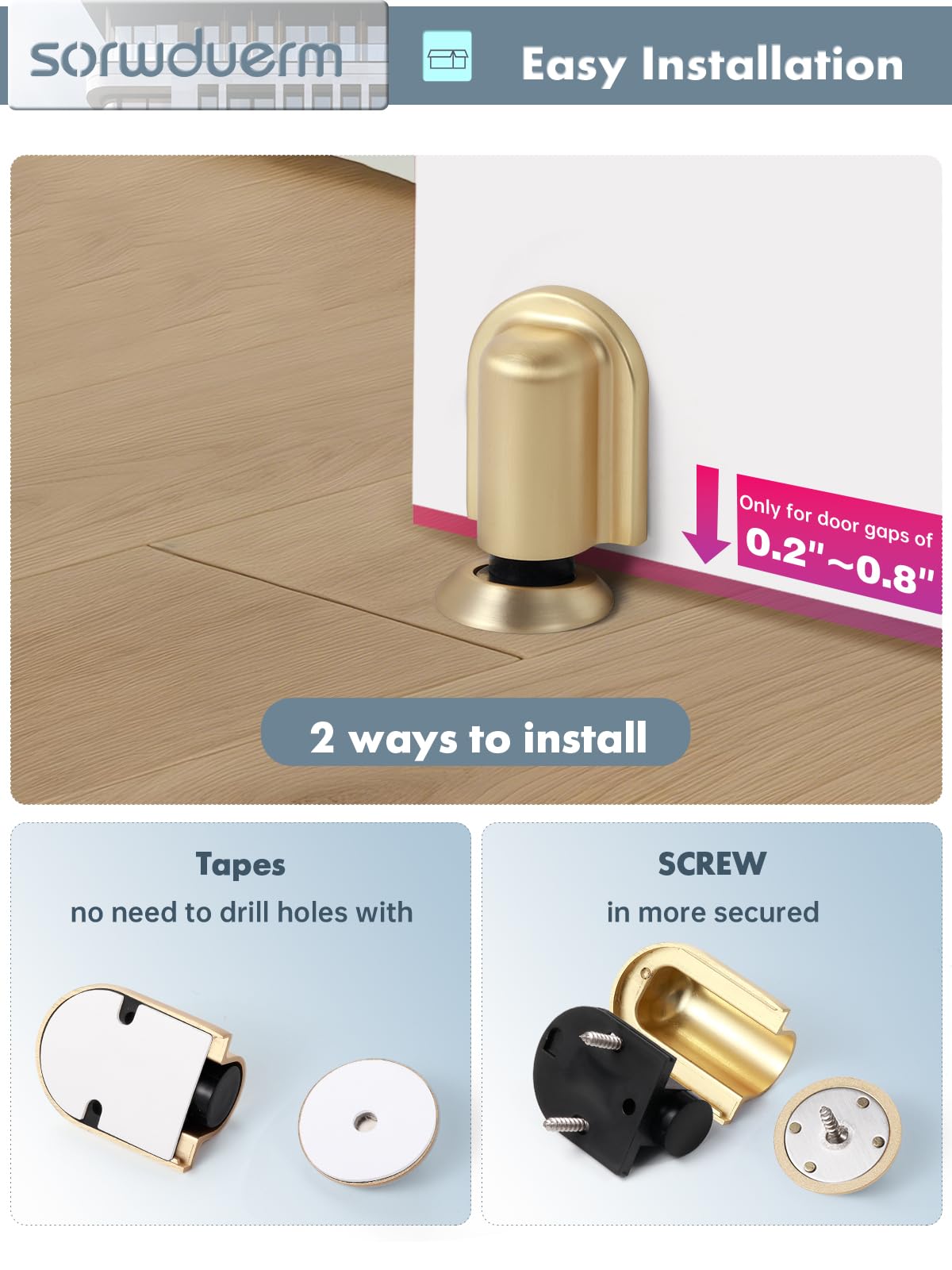 SORWDUERM 2 Pack Gold Door Stopper Magnetic Door Cathc Brushed Gold Floor Mounted Door Stop Keep Door Open with Screws and Adhesive No Drilling