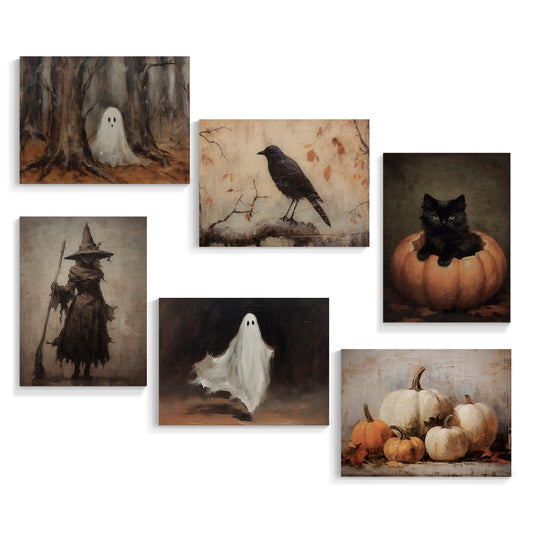 Xianyojafa Vintage Halloween Canvas Wall Art, Retro Black Cat Pumpkin Poster 6 Piece 12x16in, Victorian Raven Ashland Witch Picture Print, Creepy Spooky Ghost Dark Academia Wall Decor Unframed