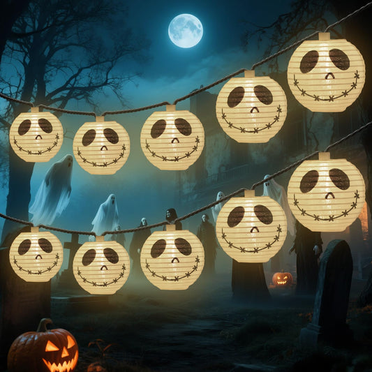 NUY Nearly Upon You Halloween Jack Skellington Ghost Lights 10 Pack Decorations Ghost Lantern String Lights Waterproof UL Listed Plug-in Decorative String Lights for Indoor/Outdoor Halloween Parties.