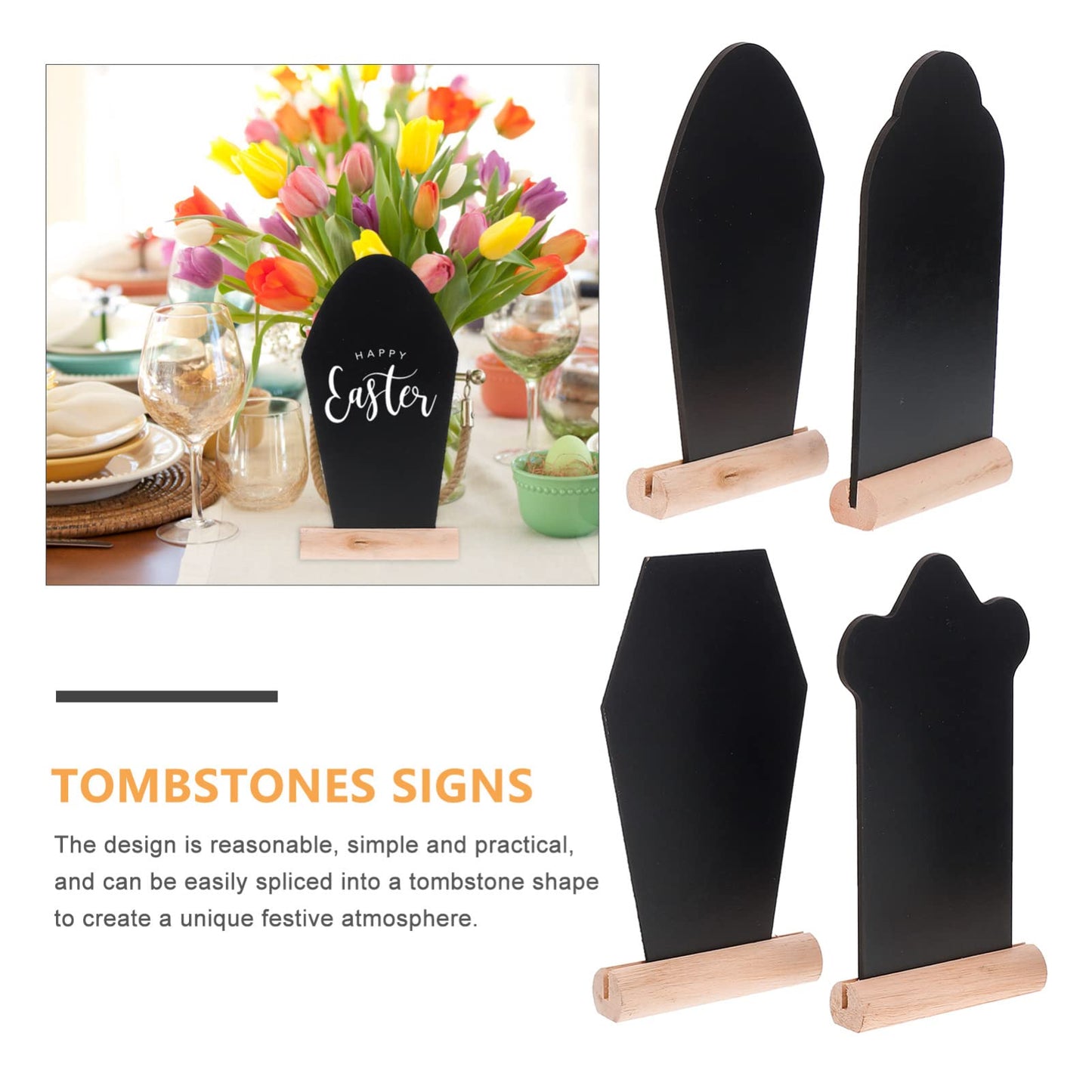 Amosfun 4Pcs Mini Chalkboard Signs Tombstone Shape Blackboards 5.70 X 3.14 Inch DIY Halloween Party Decoration Table Numbers Memos