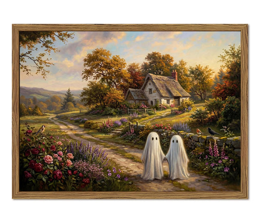 Framed Vintage Halloween Wall Art, Rustic Landscape Wall Decor Canvas Prints, Cute Ghost Decor Cottagecore Oil Painting Pictures, Halloween Farmhouse Poster, Ready to Hang 8x10 inch Wood Frame
