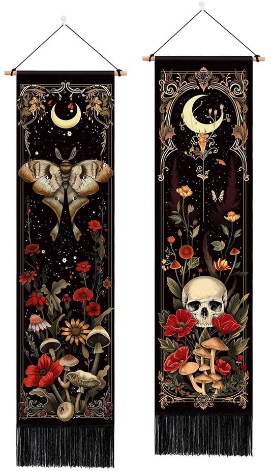 ARTCREATOR Pack of 2 Witchy Gothic Wall Bedroom Decor Moth Moon Tapestry Skull Mushroom Vertical Tapestries Retro Floral Flowers Tapestries for Bedroom Aesthetic Alt Room (12.8 x 51.2 inches)