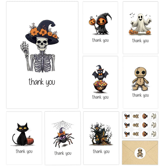 SuperShunhu Pack of 24 Assorted Boxed Halloween Thank You Cards, Spooky Thank You Cards with Envelopes & Stickers, Perfect for Fall, Halloween Parties, Party Hosts, Trick-or-Treat Gifts, & Teachers