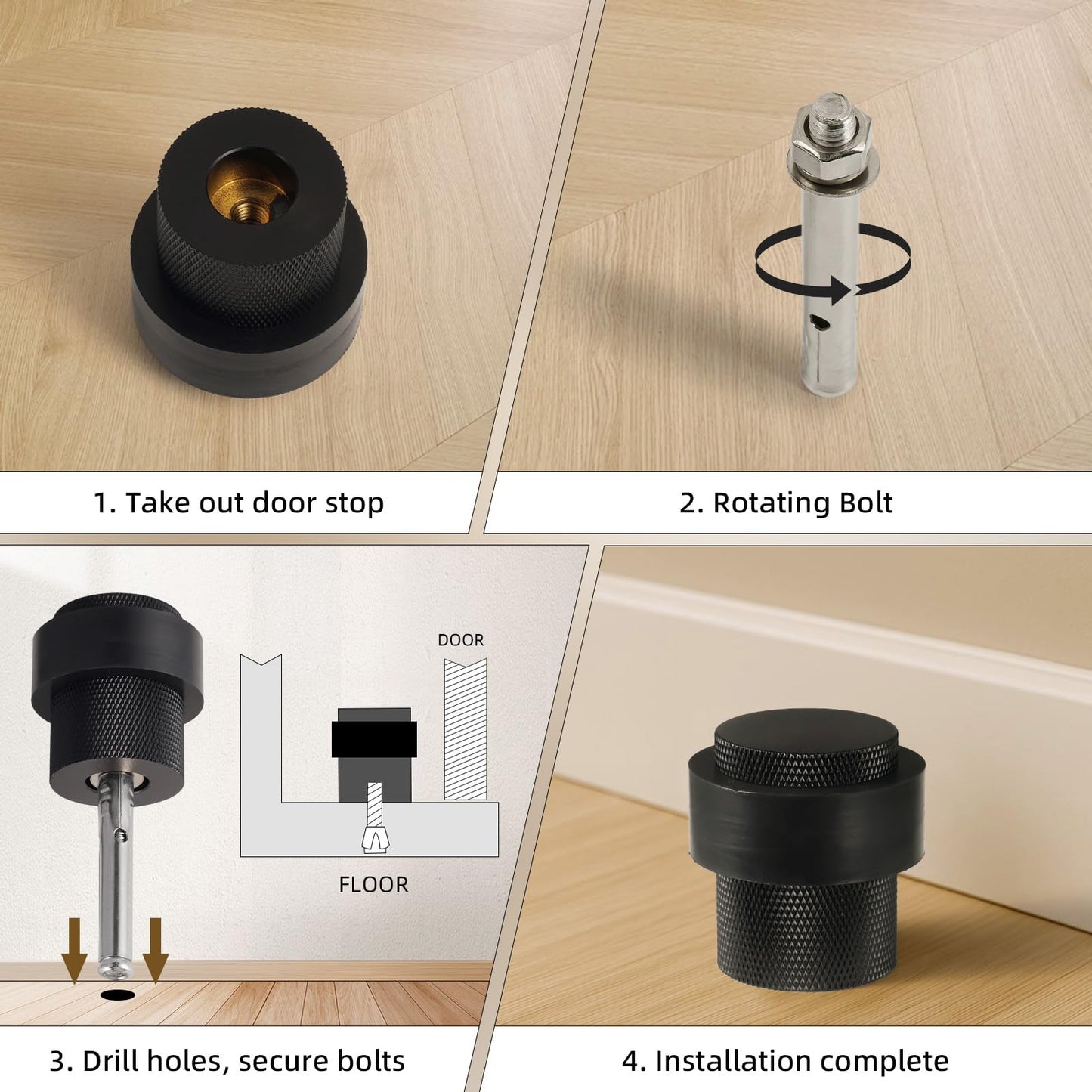 PANALI Floor Door Stop,1-1/2" Length 1-3/5"Height Cylindrical Floor Mount Door Stopper,Solid Heavy-Duty Brass Door Stoppers for Commercial Industrial and Home,Brass Doorstop,1Pack,Matt Black