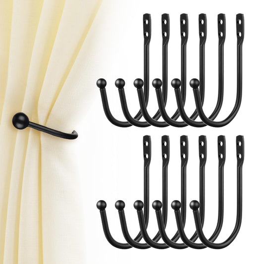 Gaahkai 12PCS Curtain Tie Back Hooks, Metal Curtain Holdbacks Side Tiebacks Wall Mounted with Screws, Black