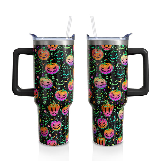Sabobo Pumpkin Halloween Gifts for Women Men, Horror Pumpkin Face Stainless Steel Insulated Travel Coffee Cup, 40 Oz Tumbler with Handle and Straw, Holiday Birthday Water Bottle (1 PC)