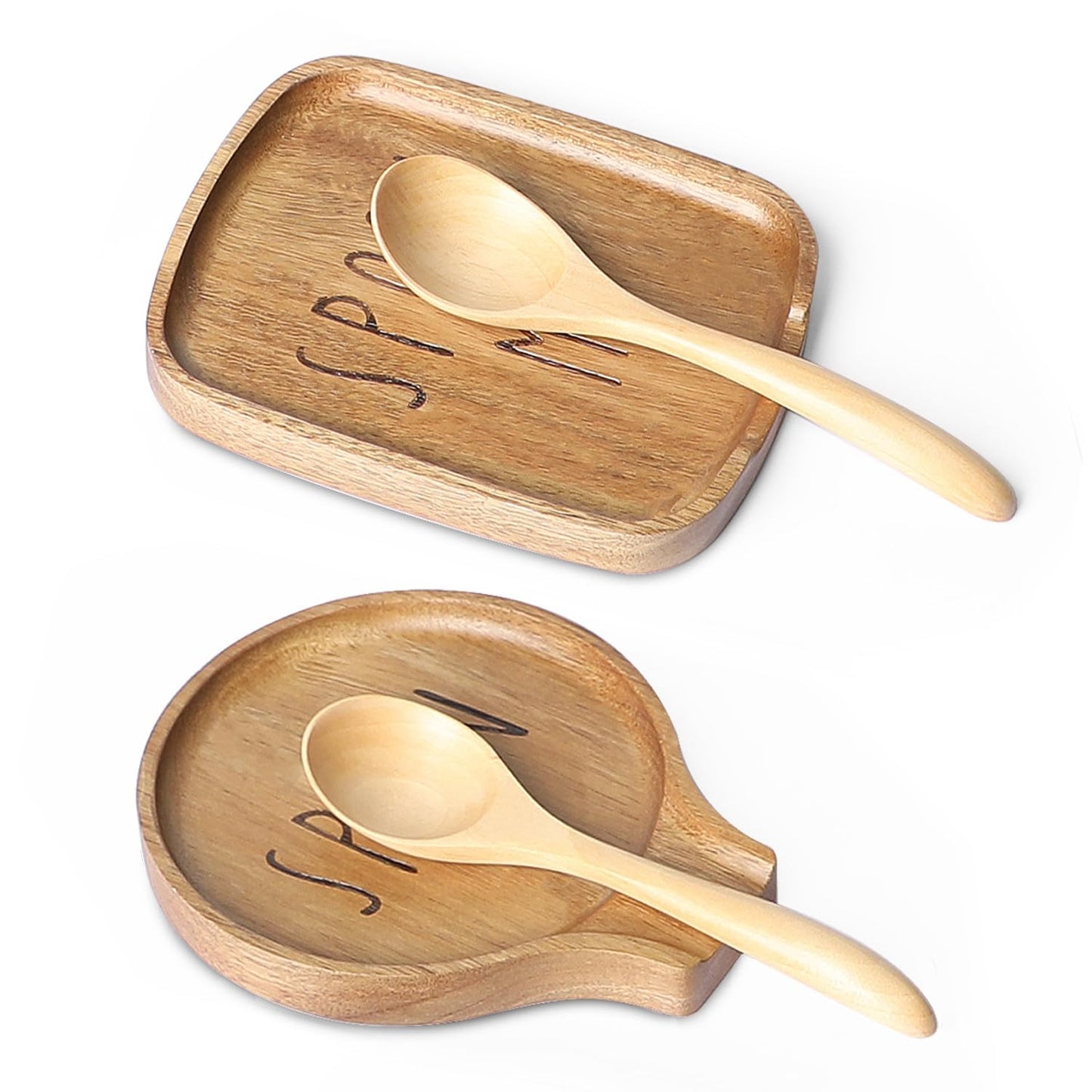 Set of 2 Wood Spoon Rest for Stove Top- Smooth Acacia Wood Spoon Holder for Kitchen Counter with Non Slip Silicone Feet,Perfect Holder for,Spatulas Tongs and Spoons (Brown-(Labeled "SPOON"))
