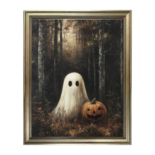 Framed Vintage Halloween Decor Dark Forest With Ghost Wall Art Rustic Farmhouse Canvas Print Painting