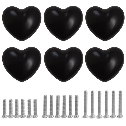 Perphin Ceramic Drawer Knobs Heart Shape Cabinet Dresser Pulls Handles with 3 Sized Screws, Kitchen Furniture Knobs for Closet Cupboard Wardrobe (6, Black)