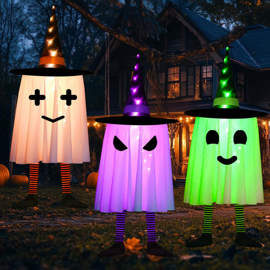 3 Pack Halloween Hanging Ghosts Halloween Decorations Outdoor, Lighted Glowing Ghosts Witch Hat with Orange Purple Green Lights, Light up Ghost for Home Yard Patio Tree
