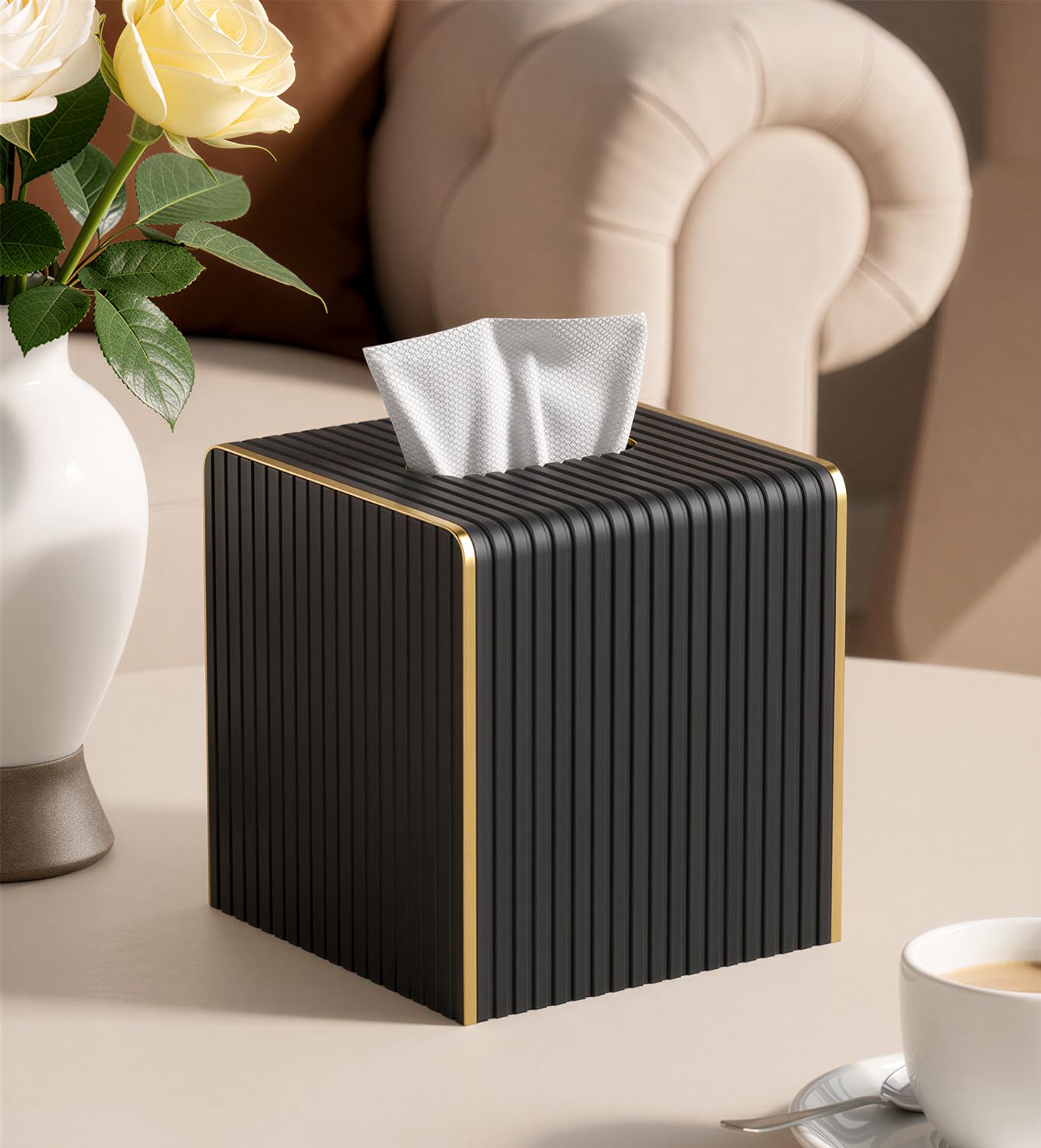 Tissue Box Cover Square with Magnetic Closure, PU Leather Tissue Box Holder with Gold-Tone Edging for Bathroom Vanity Countertop Night Stands Bedroom Office Desk, Modern Home Decor (Blacks)