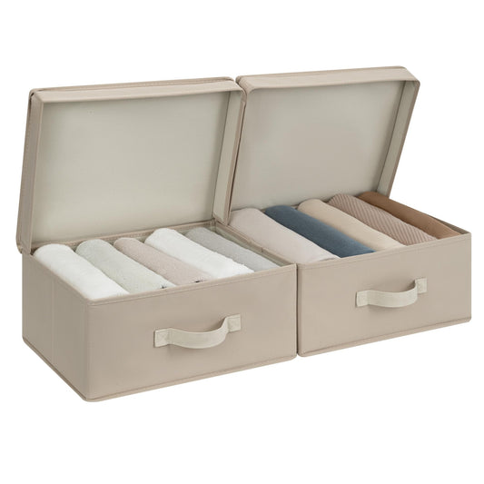 StorageWorks Storage Bins with Lid, Decorative Fabric Storage Bins with Handles, Stackable Closet Organizers for Shelves and Bedroom, Small, Light Brown, 2-Pack