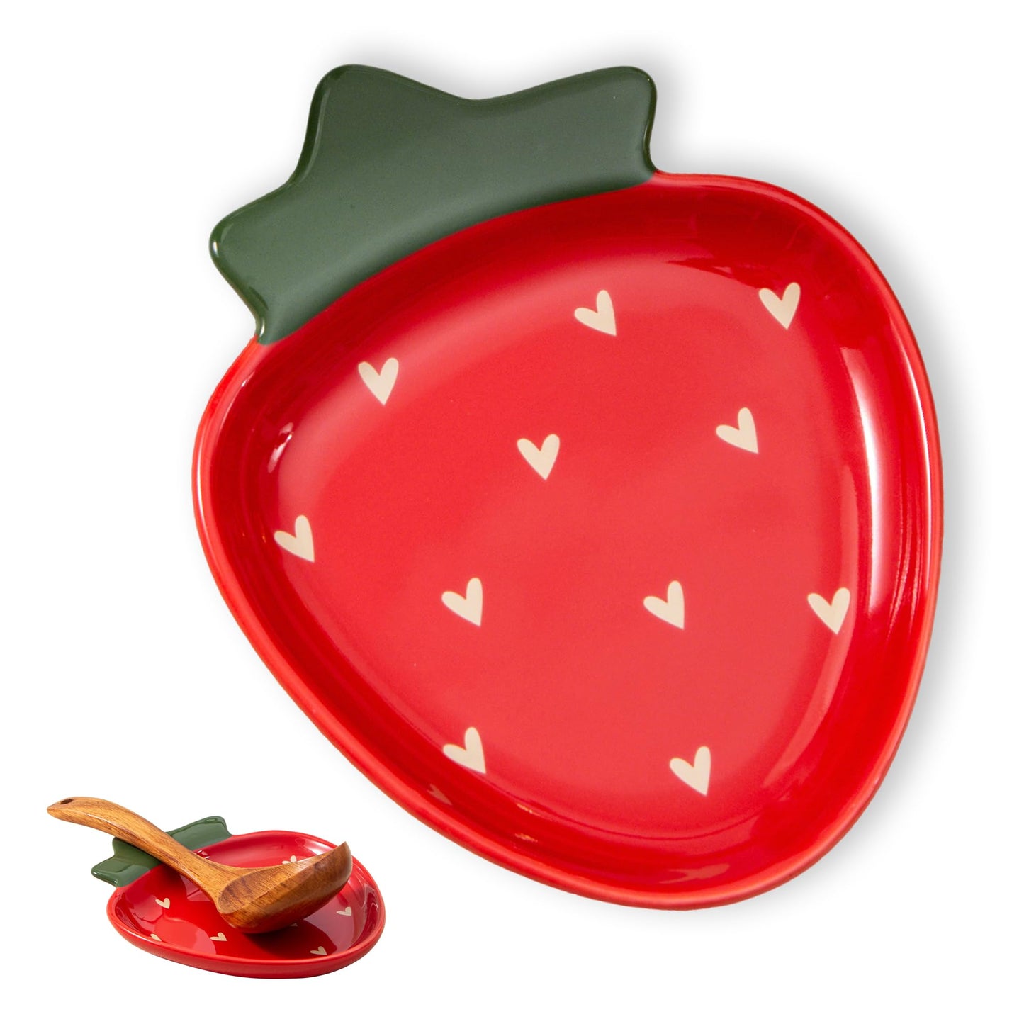 YumiPLUS Ceramic Strawberry Spoon Rest, Red Utensil Holder, Cute Spatula Rest for Kitchen Counter & Stove Top - Easy to Clean, Dishwasher Safe (Red Strawberry)
