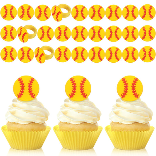 Honeydak 48 Pcs Softball Cupcake Rings Toppers Decoration Sport Ball Theme Cake Picks Softball Senior Night Party Decoration Sport Cupcake Toppers Rings for Birthday Party Supplies