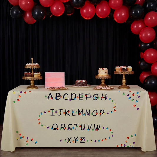 Flutesan Stranger Birthday Party Decoration 90'' x 116'' Stranger Theme Tablecloth Mystery Alphabet Table Cover Fit 72'' x 30'' Tables Colorful Light Bulb Tableskirt for Halloween Holiday Supplies