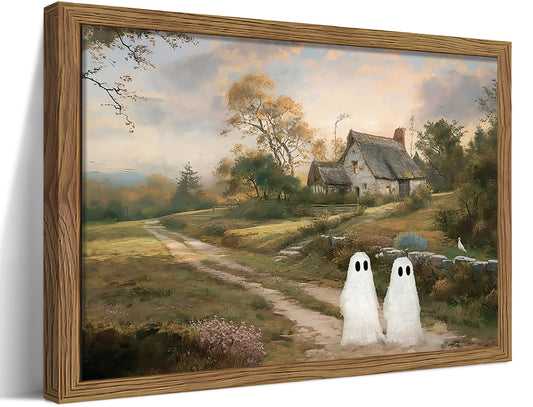 Vintage Landscape Ghost Wall Art, Country Halloween Gothic Cute Ghost Wall Decor Paintings, Retro Farmhouse Rustic Posters Prints Pictures for Living Room Bedroom Home Decor 8x10 Inch Wood Framed
