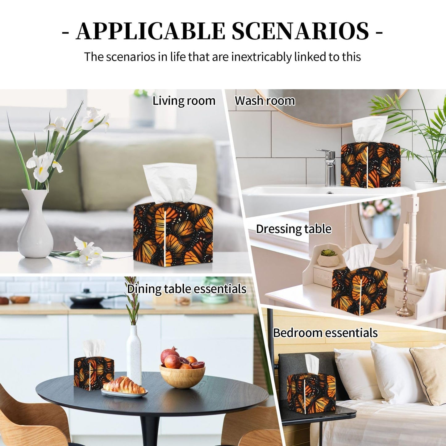 Tissue Box Cover Orange Monarch Butterflies Modern PU Leather Square Tissue Box Holder - Decorative Holder/Organizer for Bathroom Vanity Countertop, Night Stands, Office Desk & Car 5"X5"X5"