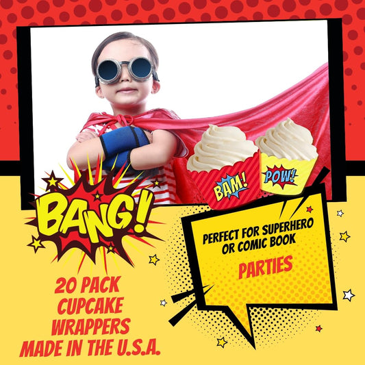 Andaz Press Birthday Cupcake Wrappers, Superhero Pow Bam, 20-Pack, Decor Decorations Wraps Cupcake Muffin Paper Holders Superhero Cupcake Wrappers