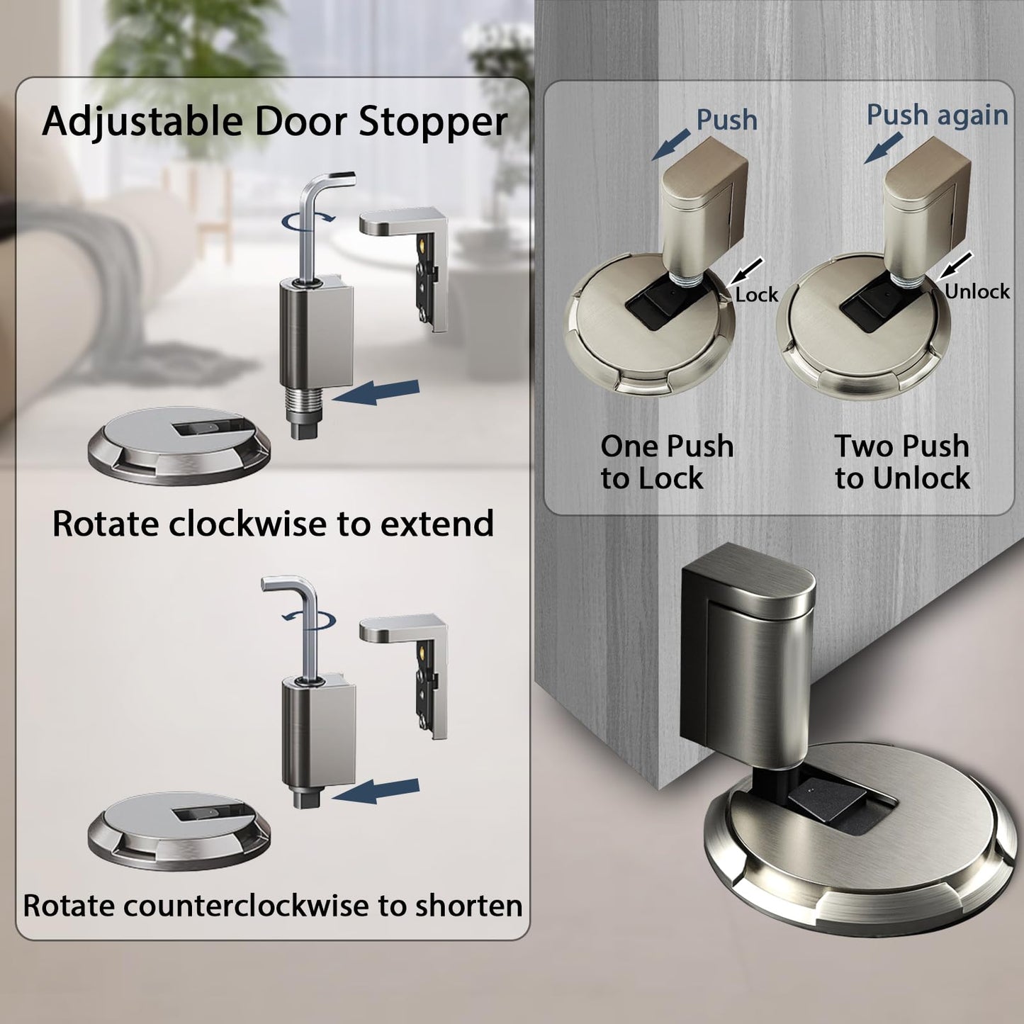 HOOFUS No Magnetic Mechanical Floor Door Stopper,Adjustable Door Holder, for Door Gaps up to 0.75 Inch in Height,Nail Free or Screws (Matte Brushed Nickel, 1 Pack)