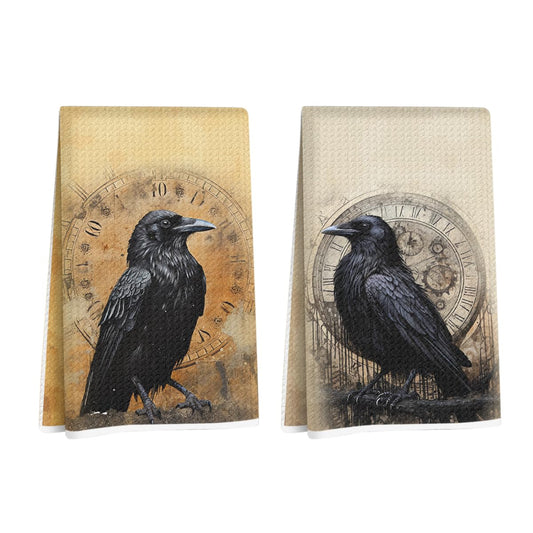 Blue Leaves 2 Pcs Vintage Raven Kitchen Towels, Dark Aesthetic Decorative Absorbent Microfiber Dish Cloth Tea Towel, Waffle Soft Hand Towels for Farmhouse Home Bathroom