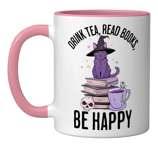 Drink Tea Read Books Be Happy Whimsigoth Halloween design Ceramic Mug, Pink/White