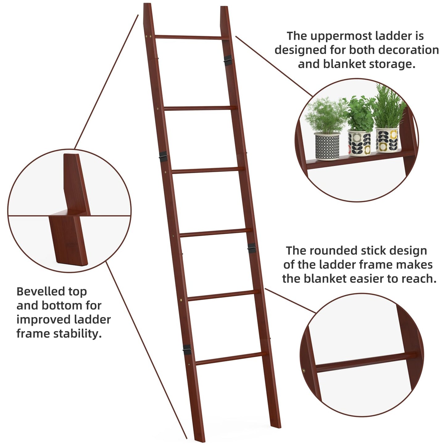 BAMBANG 6-Tier Blanket Ladder for Living Room, Blanket Quilt Ladder Rack Rustic Decorative Towel Holder, Wall Leaning Blanket Ladder Shelf Storage Farmhouse Decor for Bedroom Bathroom, Brown