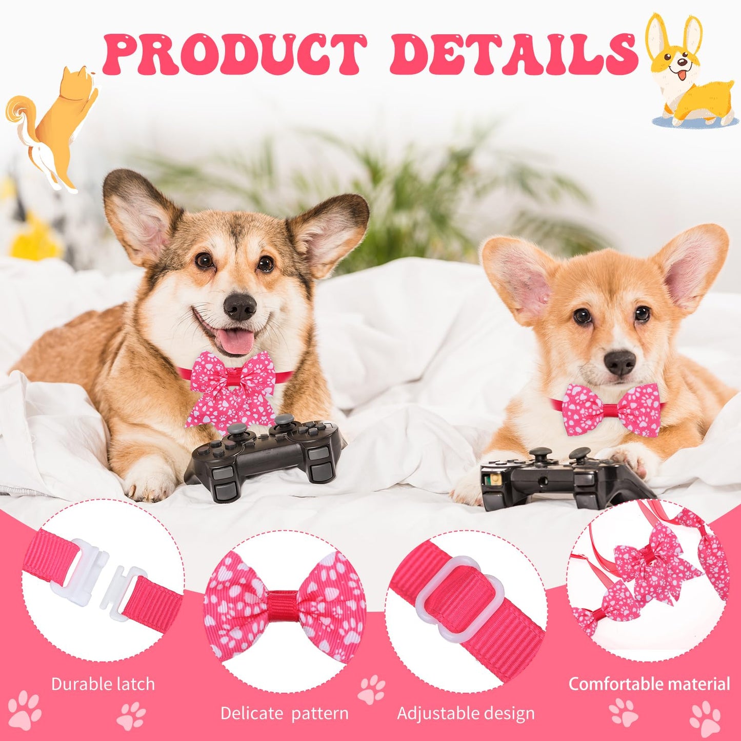 Reginary 100 Pieces Dog Bow Tie Collar Set Include 40 Dog Neckties, and 30 Puppy Bowties, 30 Collar Flowers, Adjustable Pet Ties Grooming for Small Medium Cats Pets Supply(Paw Bone)