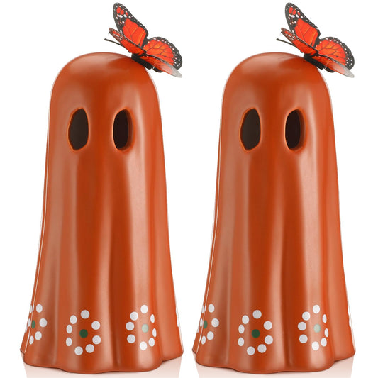 SiliFine 2 Pcs Day of The Dead Ceramic Mexican Ghost Figurine Dia De Los Muertos Terracotta Ghost Decor with Simulated Butterfly Decoration Mexican Halloween Table Decor for Home Shelf Office, 7 Inch