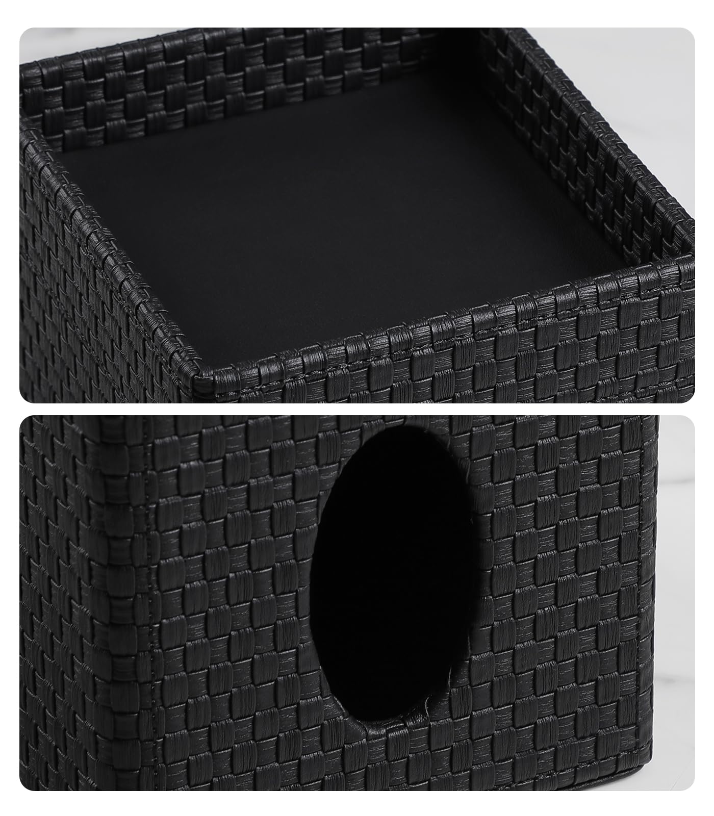 Square Tissue Box Cover, Stylish Leather Tissue Box Holder with Storage Tray, Decorative Tissue Rack Storage Box for Living Room, Bedroom, and Office Desk(Black Woven Pattern)
