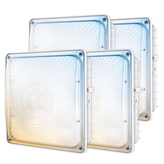 LED Canopy Light 70W 3CCT 3000/4000/5000K, 30/45/60/70W Selectable, IP65 Waterproof, LED Canopy Lights Outdoor, Dim 100-277VAC, Square Gas Station Ceiling Light for Garage Carport, 4Pack, ETL Listed