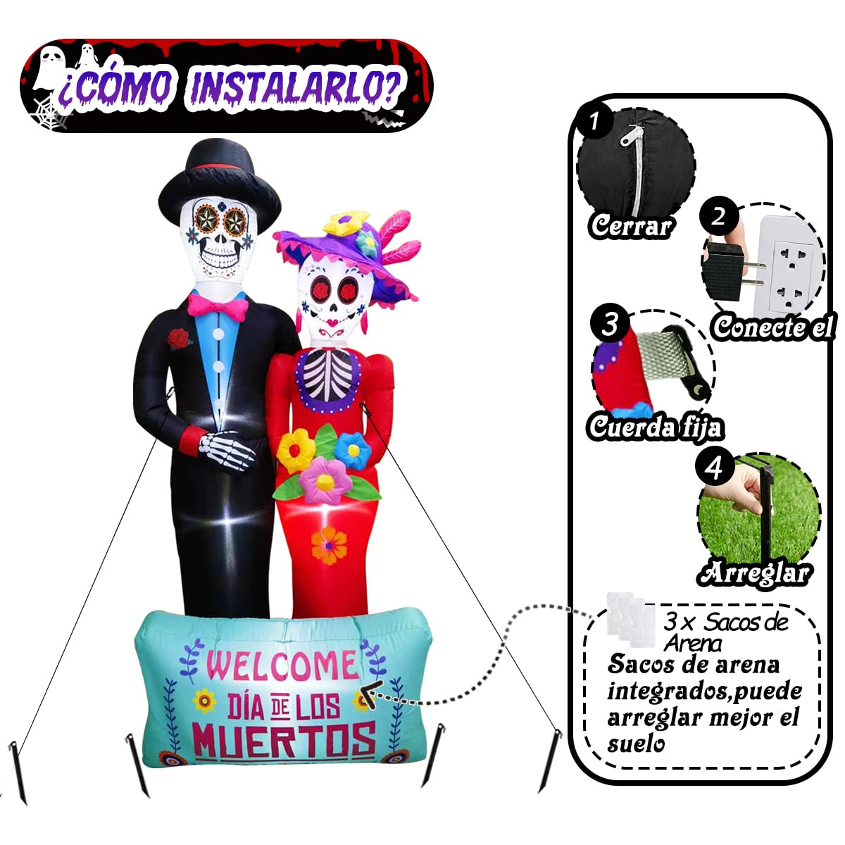 Dia De Los Muertos Decoration, 6 FT Halloween Inflatables Décor Day of The Dead Spooky Sugar Skull Couple, Blow Up Yard Decorations with Built-in LED for Outdoor Garden, Lawn