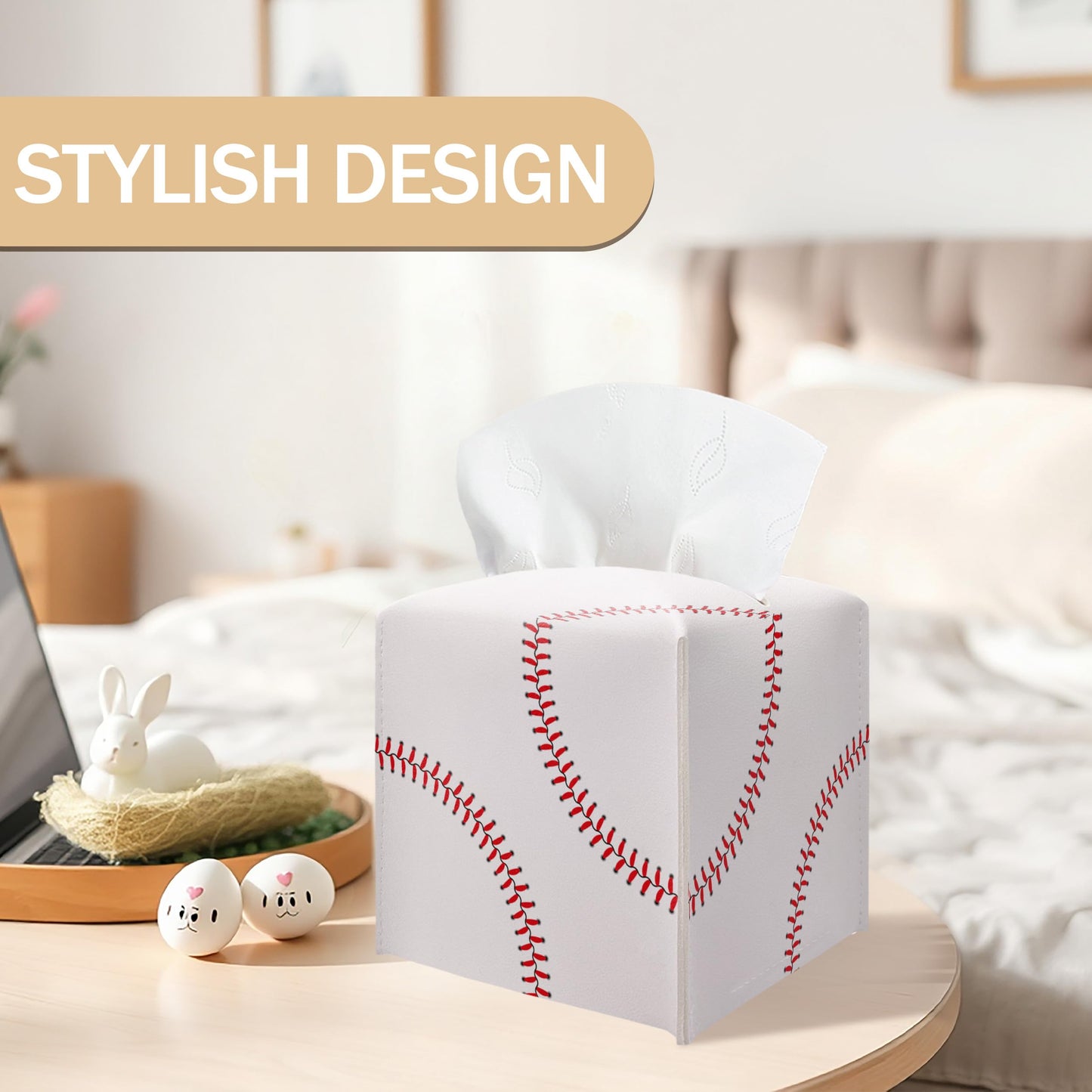 Baseball Tissue Box Cover, PU Leather Square Leather Tissue Box Cover, Decorative acial Paper Organizer for Bathroom, Home Office Car Decorations