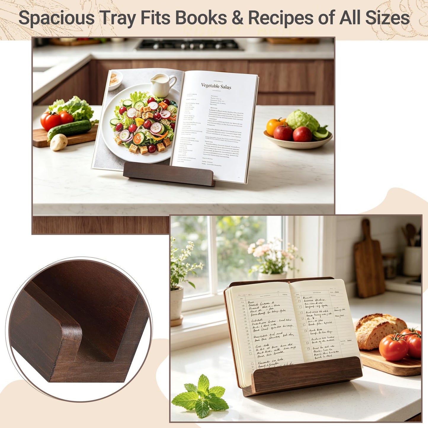 Dahey Cookbook Stand for Kitchen Counter Wooden Recipe Book Holder Adjustable Cookbook Holder Holds Books, Recipes, Phones & Tablets, Perfect for Cooking Lover Gift, Kitchen Decor