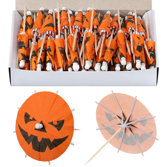 Chengu 100 Pcs Halloween Pumpkin Cocktail Drink Umbrella Picks, Spooky & Colorful Paper Toothpicks with Pumpkins Cocktail Umbrellas Fruit Cupcake Topper Sticks for Halloween Party Decorations