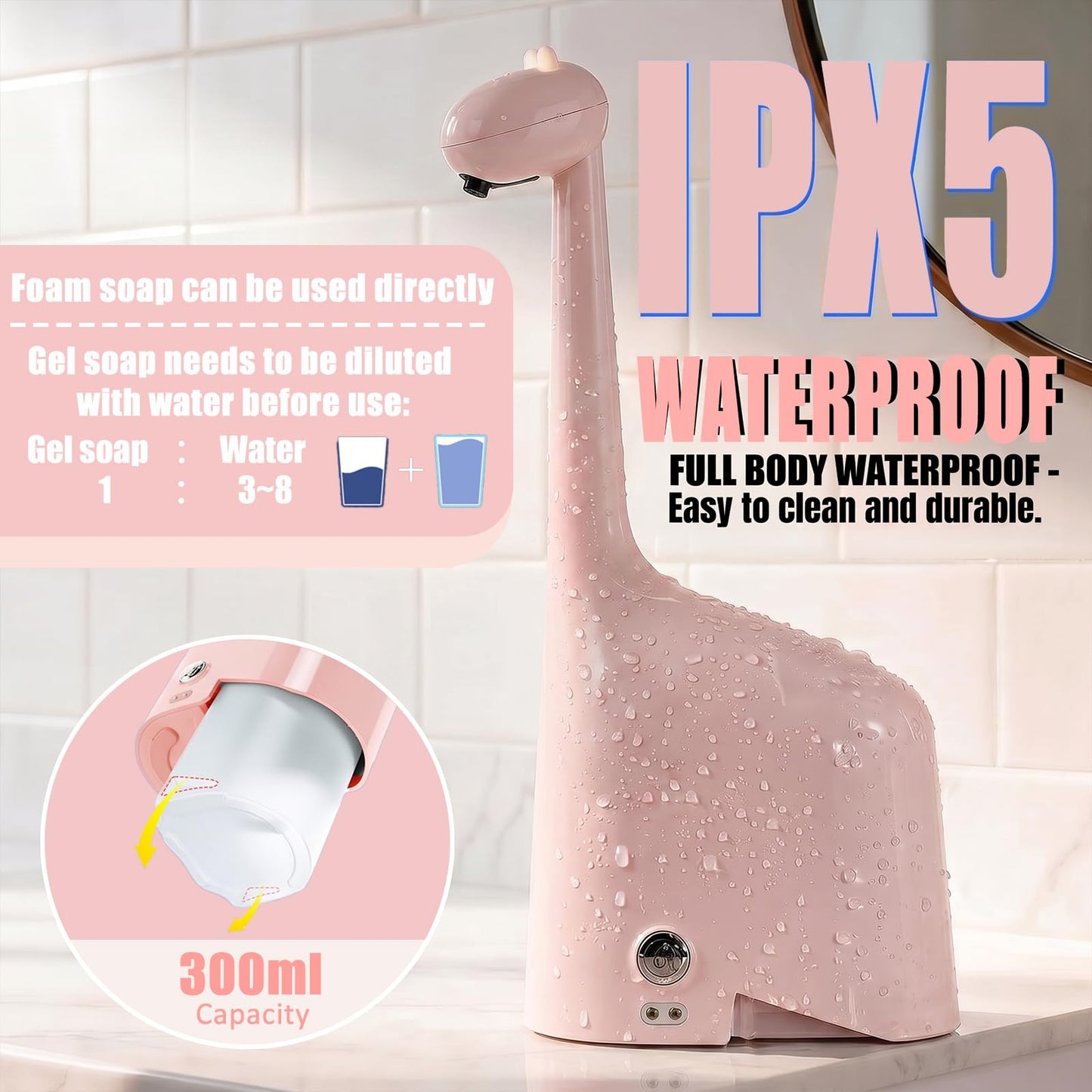 Automatic Soap Dispenser,Cute Dinosaur, Touchless, Rechargeable Foaming Soap Dispenser, 10oz/300ml, 3-Level Adjustable Foam, IPX5 Waterproof for Bathroom, Kitchen, Hotel,Restaurant, Pink