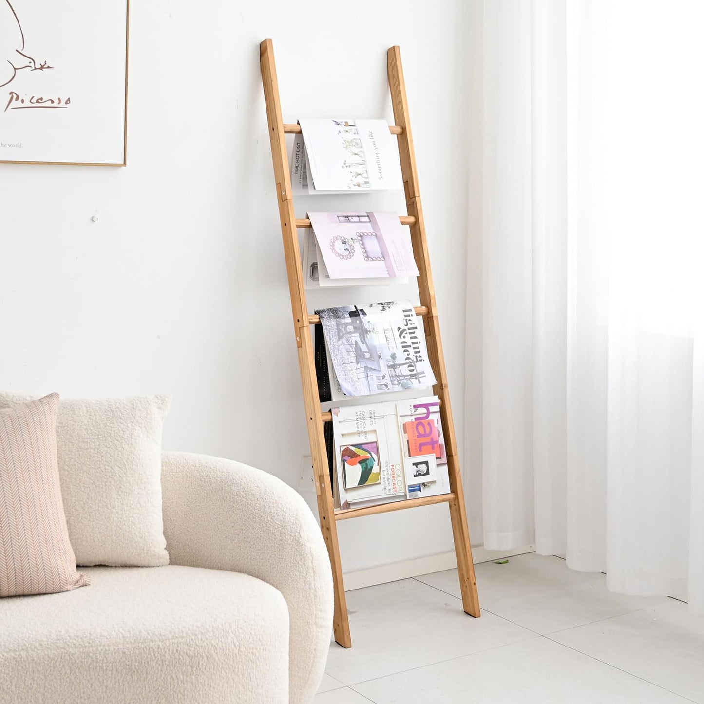 FUIN 63inch Wooden Blanket Ladder, Wood Towel Ladder, Rustic Decorative Ladder for Blankets, Farmhouse Quilt Rack for Living Room & Bathroom
