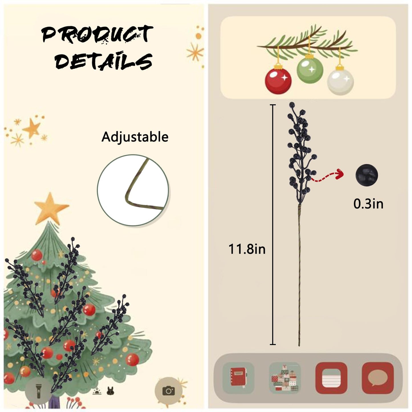efivs arts Artificial Black Berry, 8 Pack Holly Christmas Berries Stems for Christmas Tree Crafts, New Year's Decorations, Holiday and Home Decor (Black)