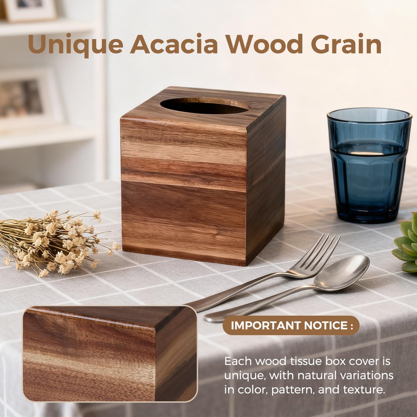S310 Acacia Wood Tissue Box Cover, Square Tissue Box Holder with Slide-Out Bottom, Wooden Cube Tissue Covers Tissue Holders for Bathrooms Office Kitchen