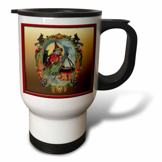 3dRose tm_126101_1"vintage Halloween Witch with A Cauldron Brewing with A black Cat Stainless Steel" Travel Mug, 14 oz, Multicolor