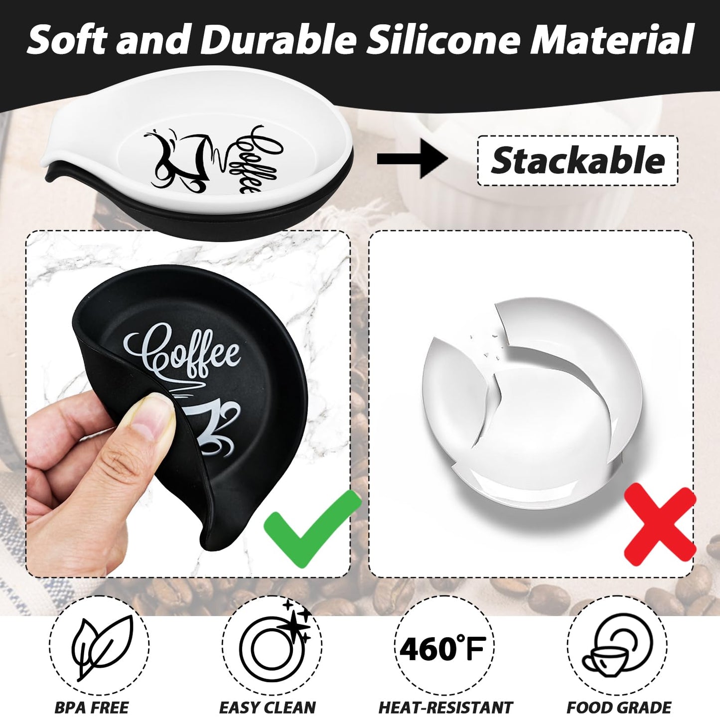 Koluti 2 Pieces Silicone Coffee Spoon Rest, Small Spoon Coffee Stirrers Teaspoon Holder for Countertop, Cute Spoon Buddy Coffee Accessories Bar Station Décor, 3.6”L x 3.5”W x 0.6”H, Black & White