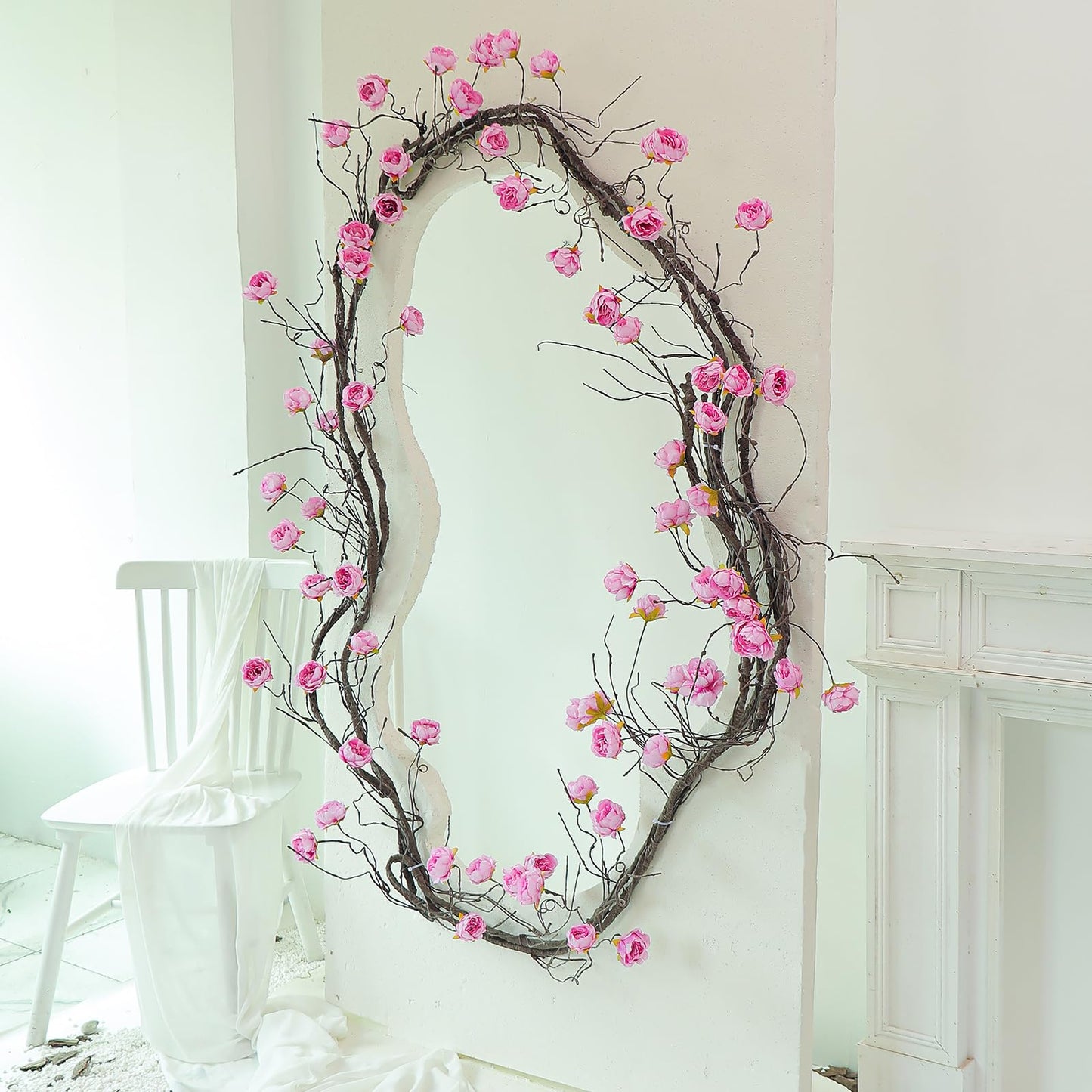 1PCS 300cm/118inch Large Flexible Artificial Tree Fall Vines Twine Wood Branches with Peony Flowers Garland Twig Reptile Climbing Fake Plants for Wedding Arch Christmas Wall Door Hanging Decoration