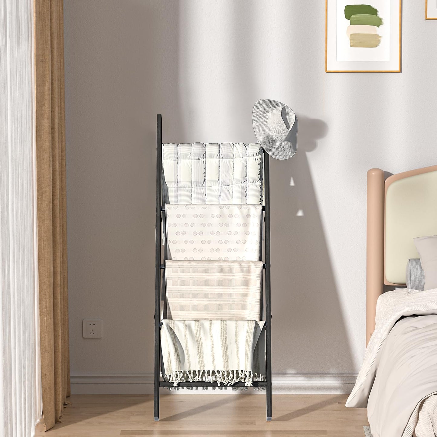 HONEST OUTFITTERS Blanket Ladders for The Living Room, 5-Tier Blanket Holder, Wall-Leaning Blanket Rack, Ladder Shelves, Wooden Quilt Ladder, Farmhouse Decor, Black