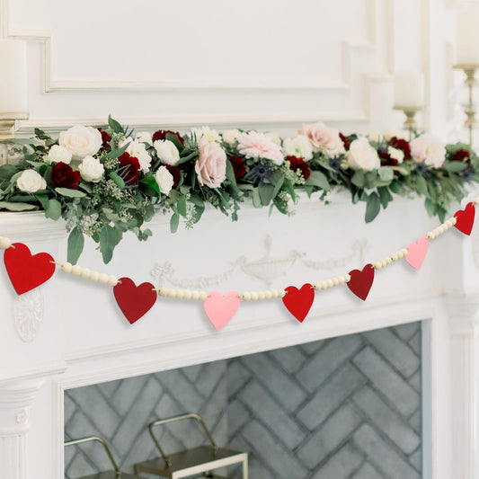 DAZONGE Valentines Day Decorations, Wood Bead Garland with Felt Hearts for Valentine Decor, Red and Pink Farmhouse Valentine’s Day Banner for Wedding, Anniversary Decorations