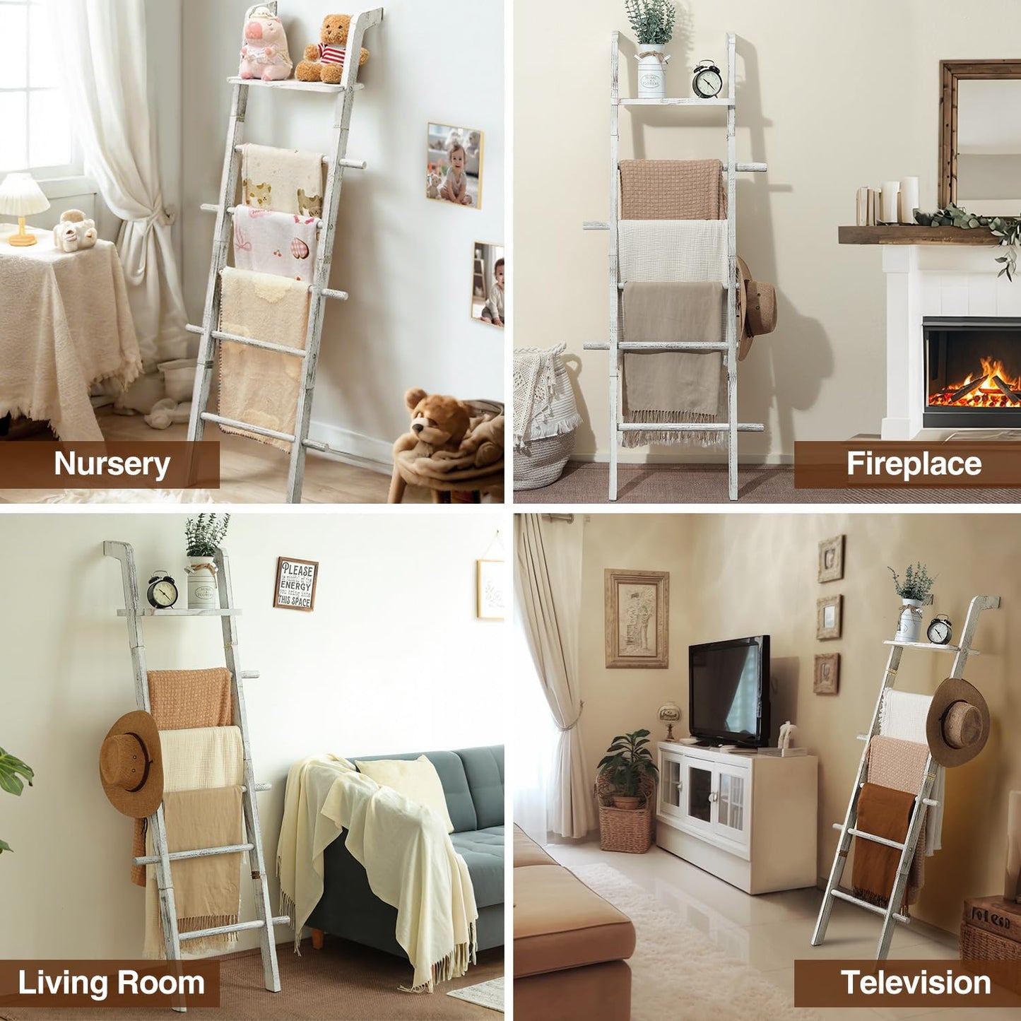 Taozun 67-Inch Farmhouse Blanket Ladder with Shelf and Hooks, 5-Tier Wooden Wall Leaning Towel Quilt Rack Holder for Living Room Decor