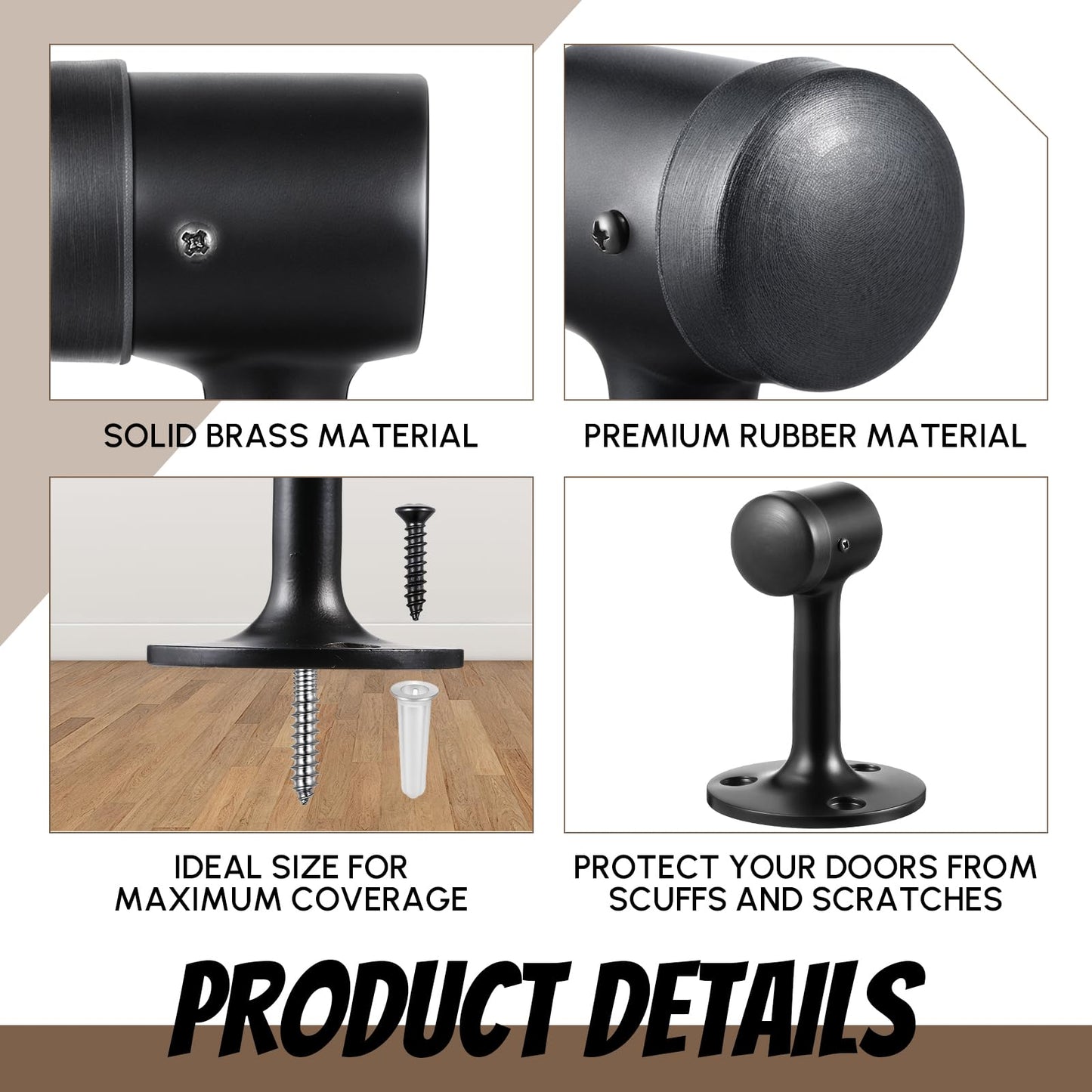Otoolling 4 Pack Heavy Duty Floor Mounted Door Stops, 3 Inches Solid Brass Bumper Stop Commercial Grade Solid Brass Door Stopper Accessories with Rubber Bumper and Stainless Steel Screws, Matte Black