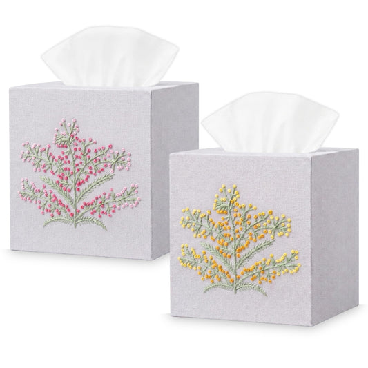 EmbroideryLinen.VN Cloth Tissue Box Cover Cute Set of 2, Square Linen Tissue Holder with French Knot Hand Embroidered Flowers Pattern, Home, Office, Kitchen Decor, 4.5x4.5x5.5 Inches (Grey)